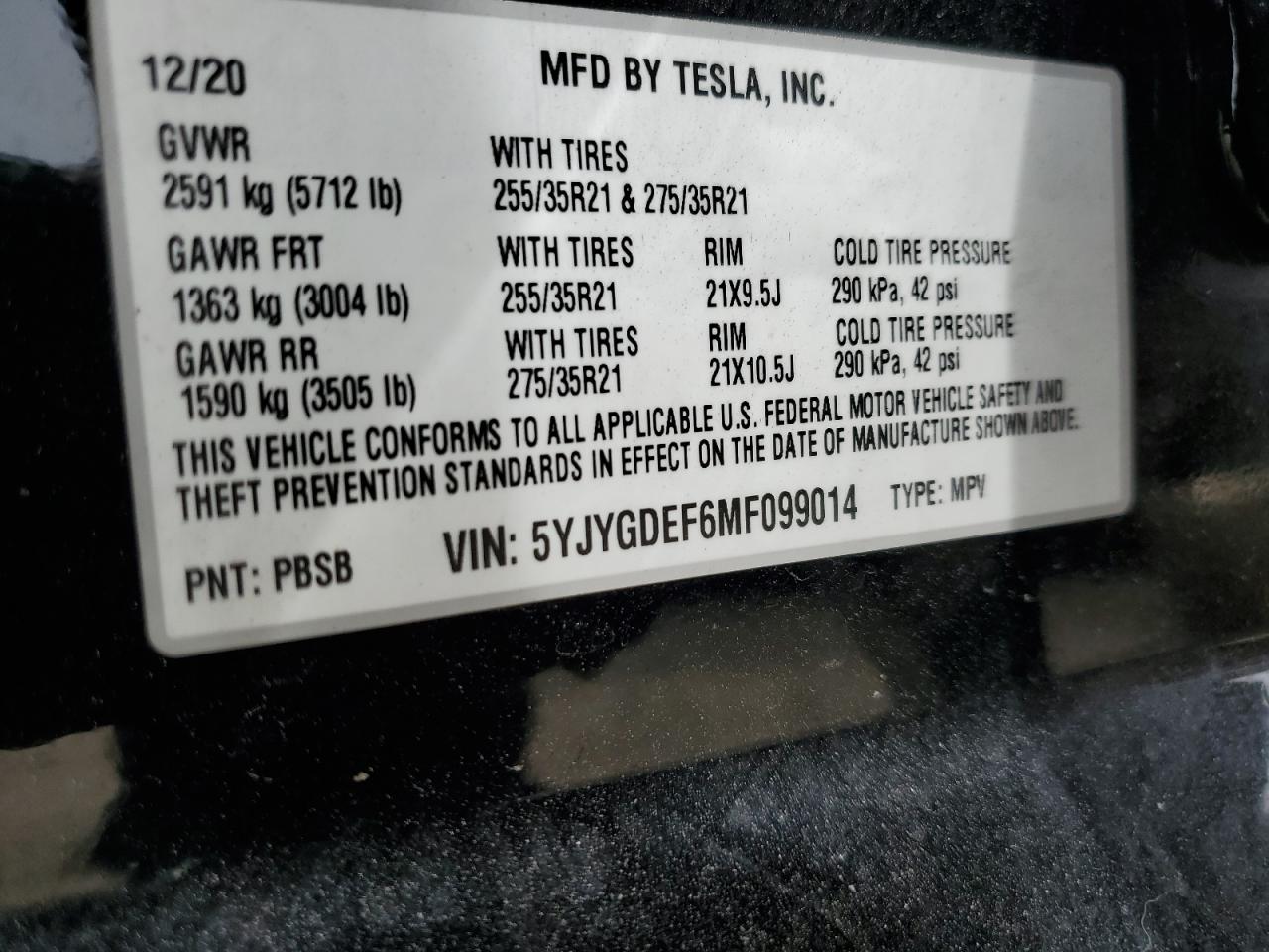 5YJYGDEF6MF099014 2021 Tesla Model Y