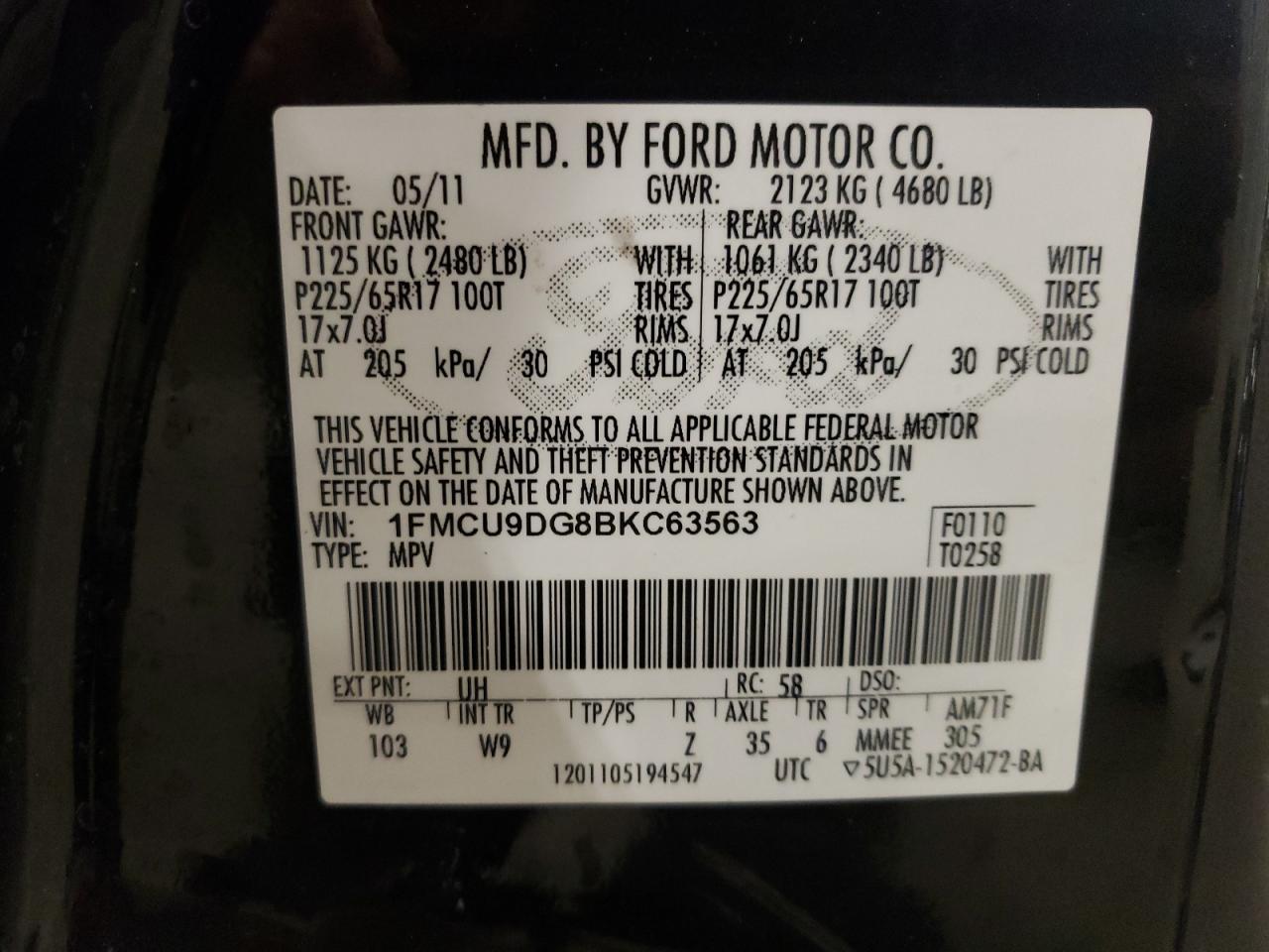 1FMCU9DG8BKC63563 2011 Ford Escape Xlt