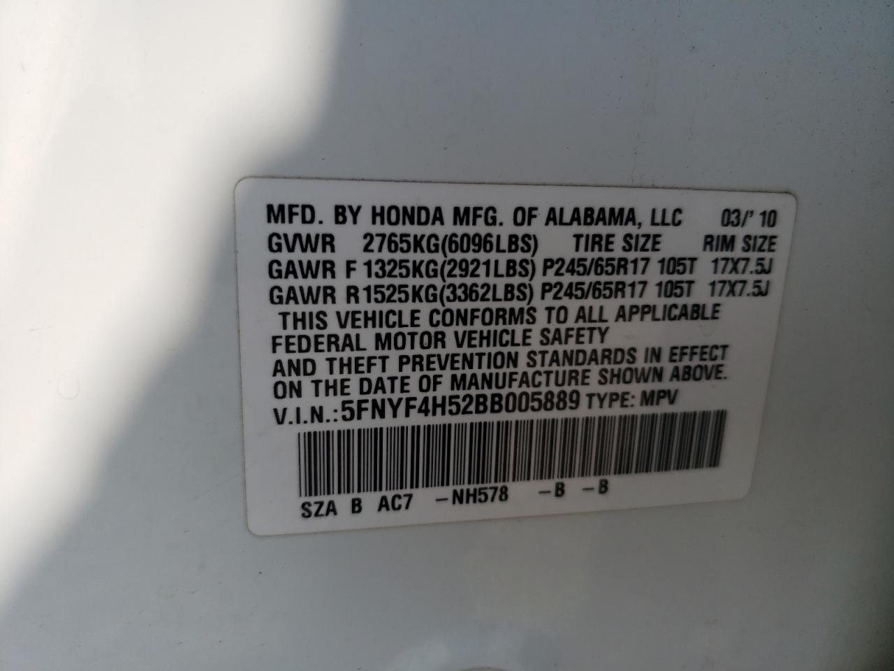 5FNYF4H52BB005889 2011 Honda Pilot Exl