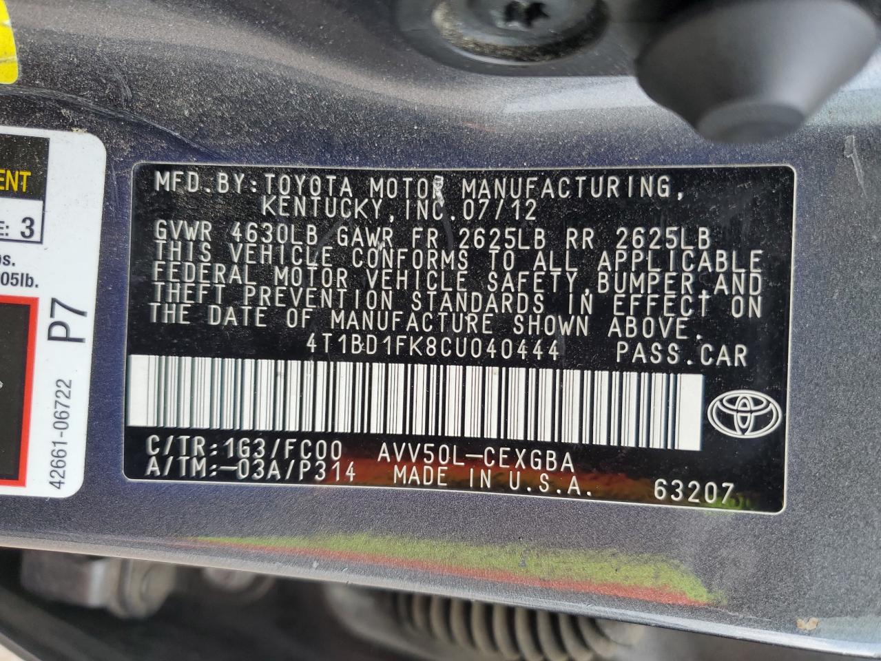 4T1BD1FK8CU040444 2012 Toyota Camry Hybrid