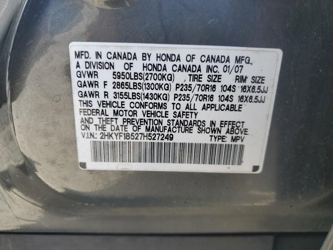 2HKYF18527H527249 2007 Honda Pilot Exl