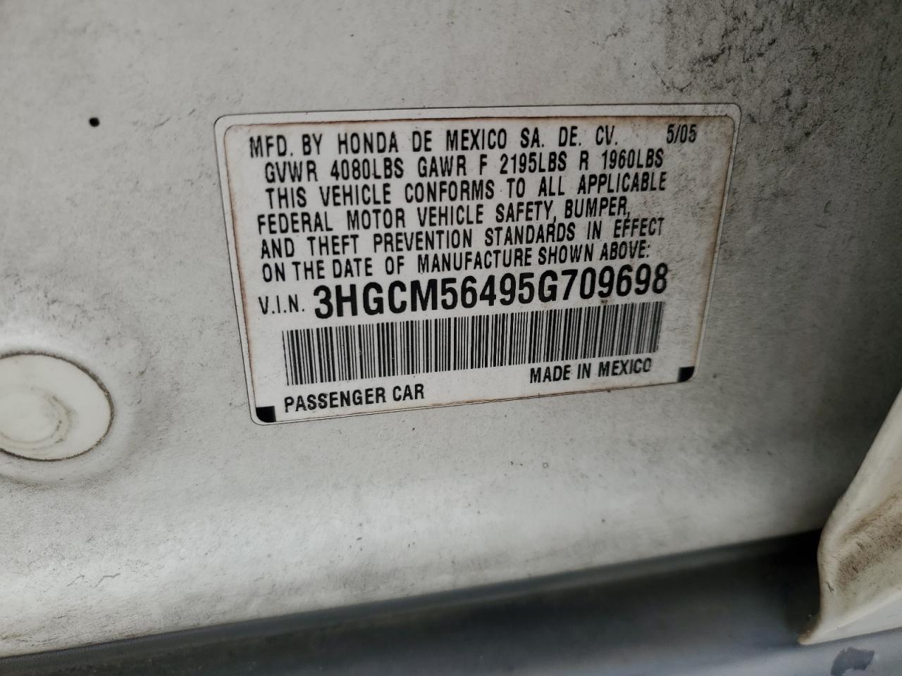 3HGCM56495G709698 2005 Honda Accord Lx