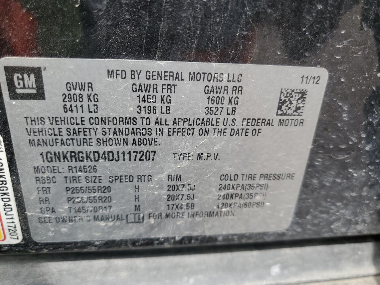 1GNKRGKD4DJ117207 2013 Chevrolet Traverse Lt