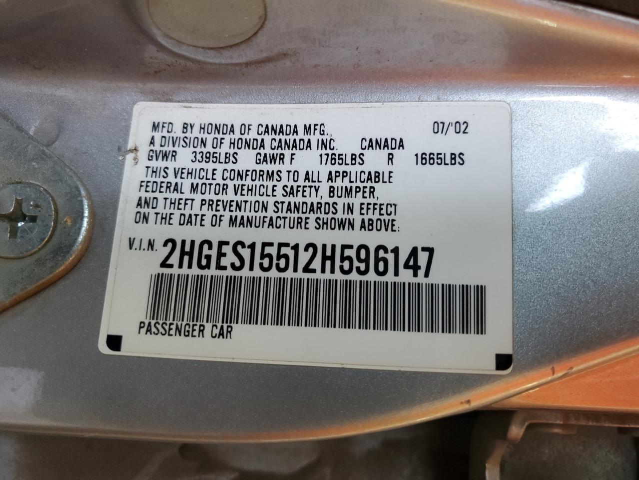 2HGES15512H596147 2002 Honda Civic Lx