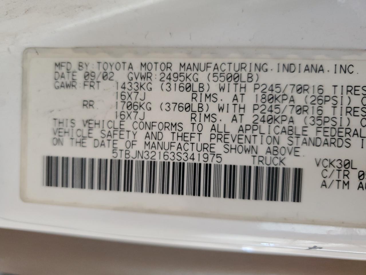 5TBJN32163S341975 2003 Toyota Tundra