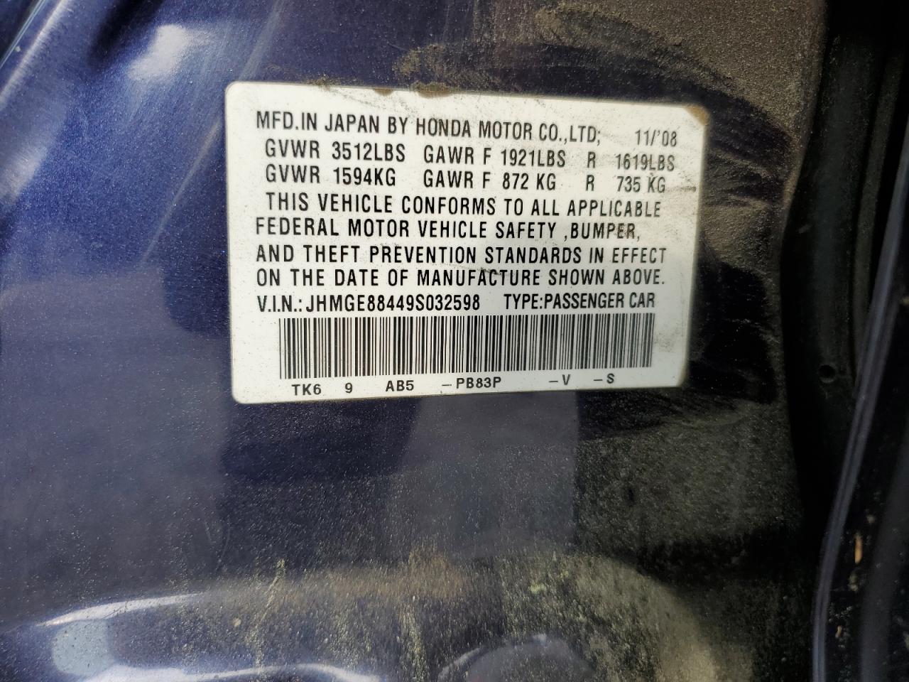 JHMGE88449S032598 2009 Honda Fit Sport