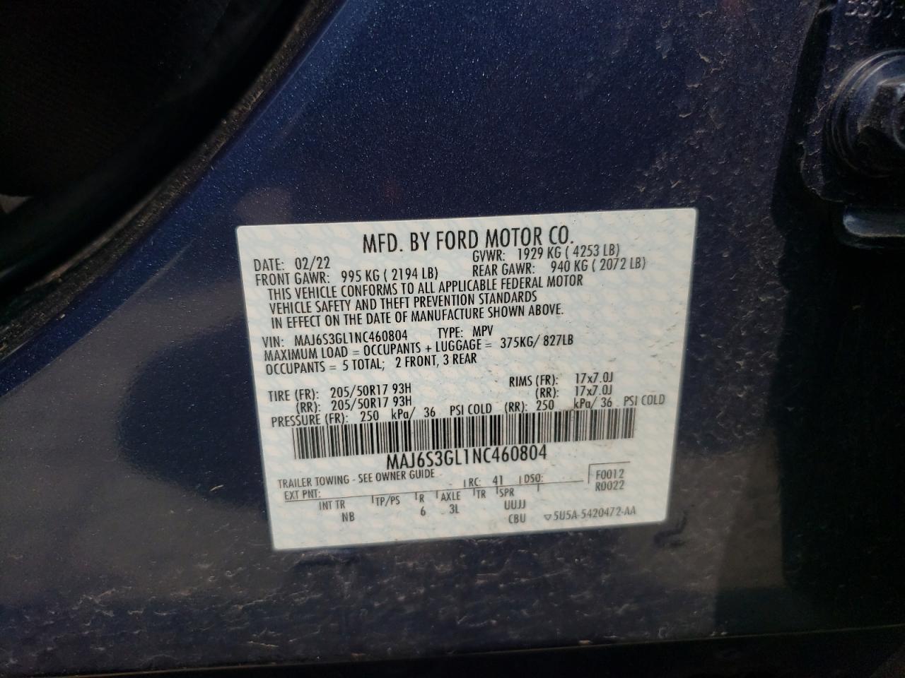 MAJ6S3GL1NC460804 2022 Ford Ecosport Se