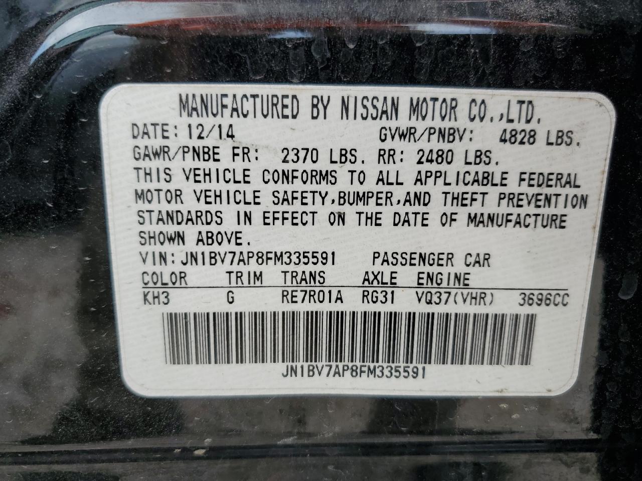 JN1BV7AP8FM335591 2015 Infiniti Q50 Base