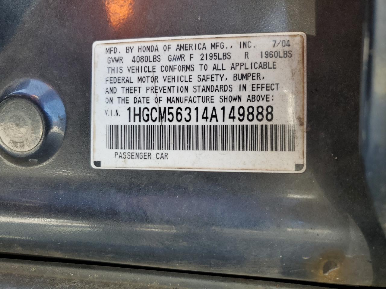 1HGCM56314A149888 2004 Honda Accord Lx