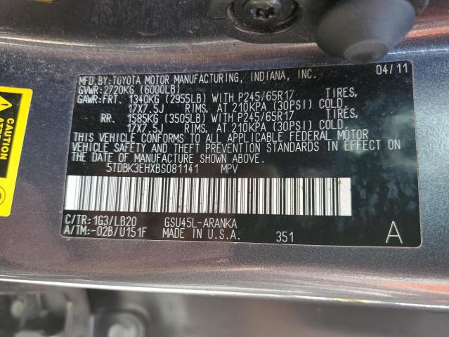 2011 Toyota Highlander Base VIN: 5TDBK3EHXBS081141 Lot: 55864844