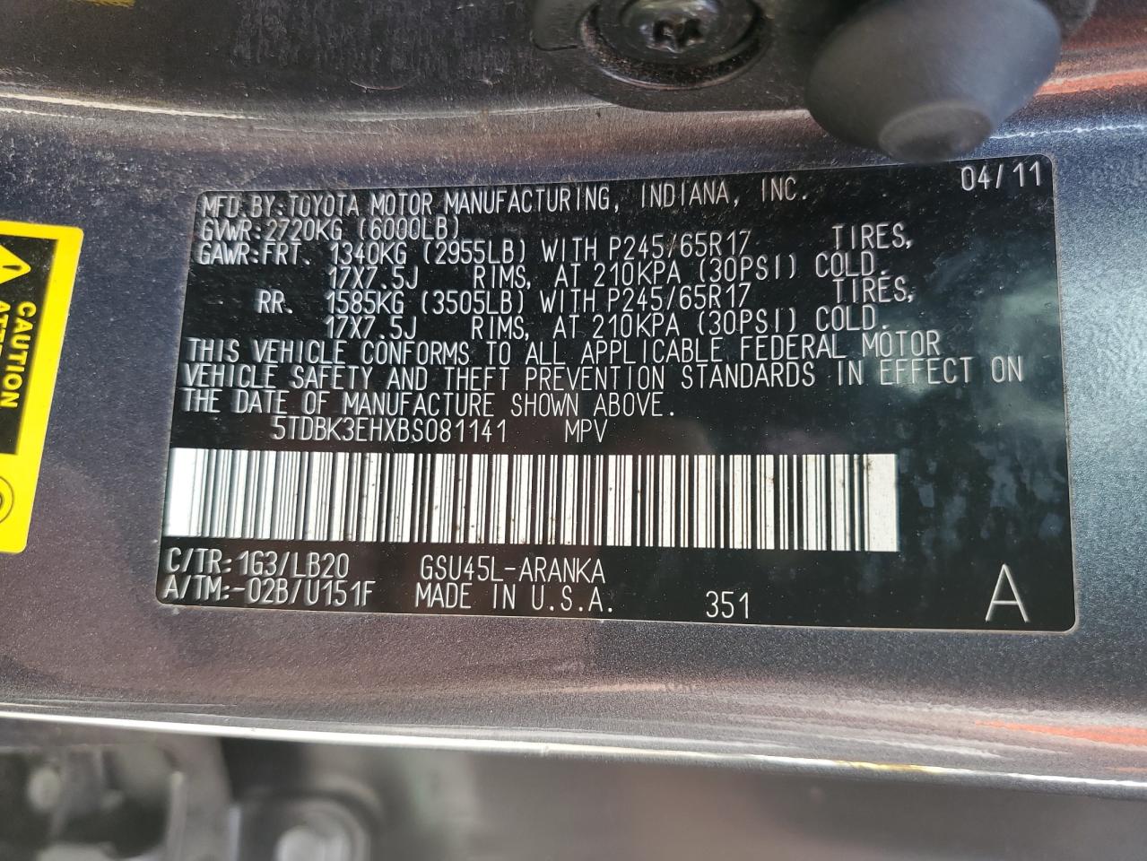 5TDBK3EHXBS081141 2011 Toyota Highlander Base