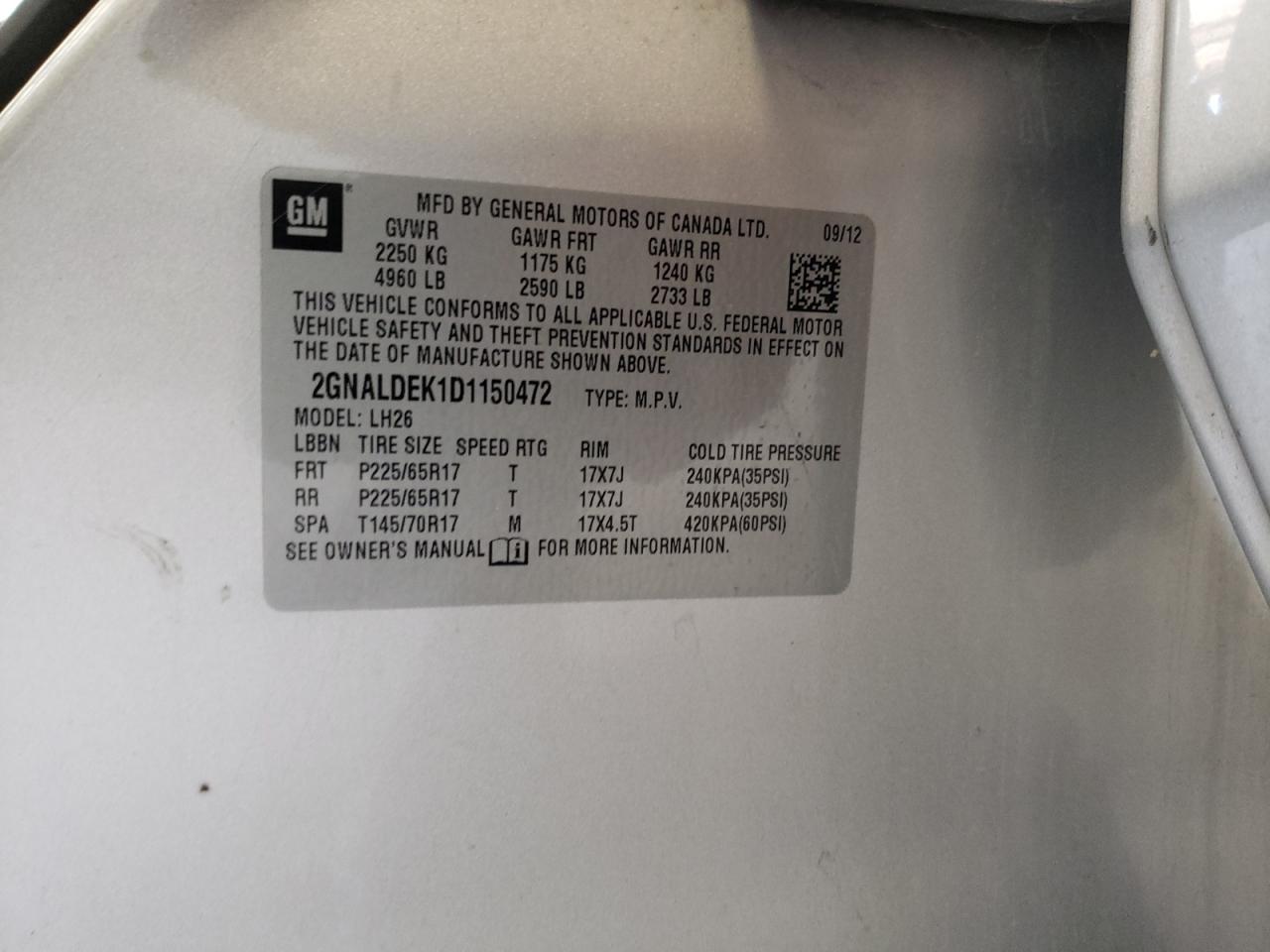 2GNALDEK1D1150472 2013 Chevrolet Equinox Lt