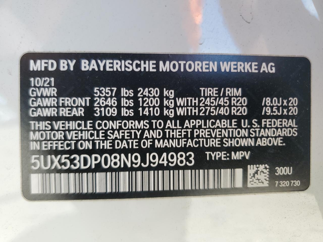 5UX53DP08N9J94983 2022 BMW X3 xDrive30I
