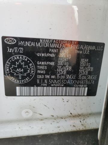 2022 Hyundai Santa Fe Sel VIN: 5NMS3DAJXNH478674 Lot: 54396974