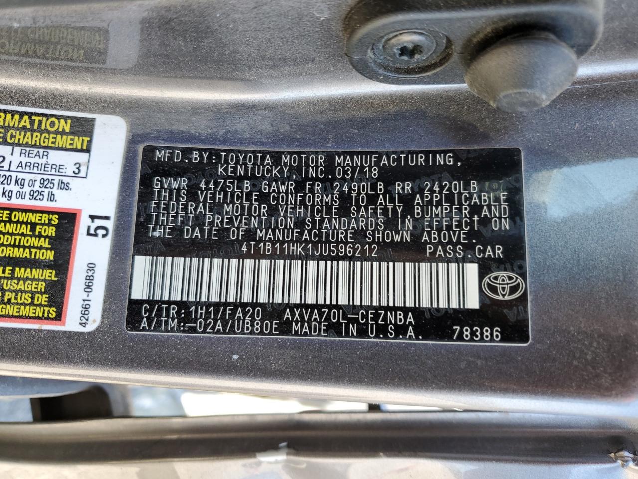 4T1B11HK1JU596212 2018 Toyota Camry L