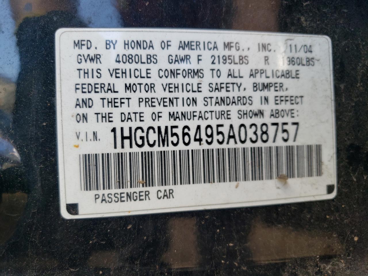 1HGCM56495A038757 2005 Honda Accord Lx