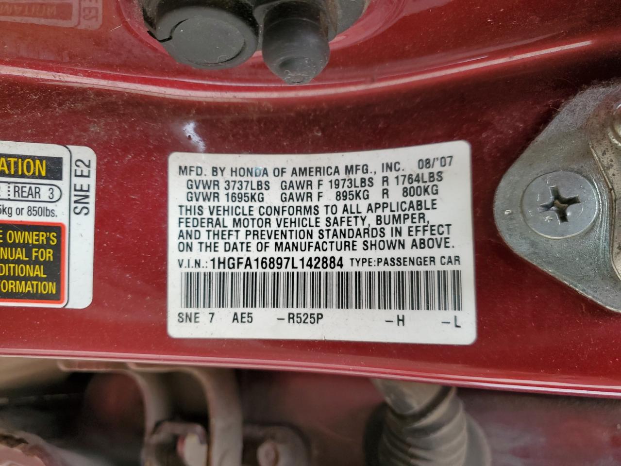 1HGFA16897L142884 2007 Honda Civic Ex