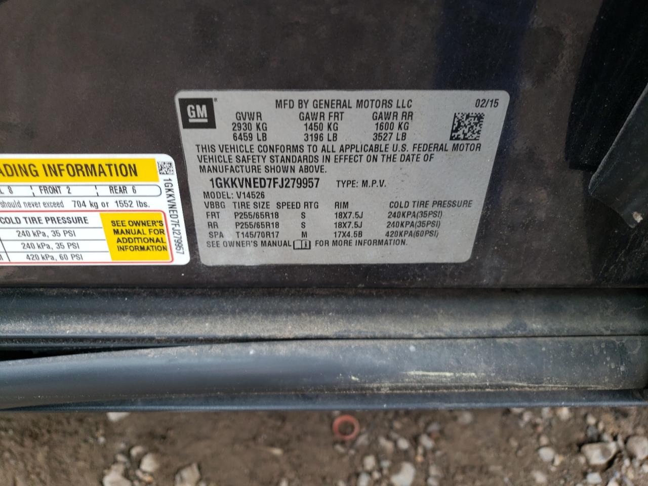 1GKKVNED7FJ279957 2015 GMC Acadia Sle