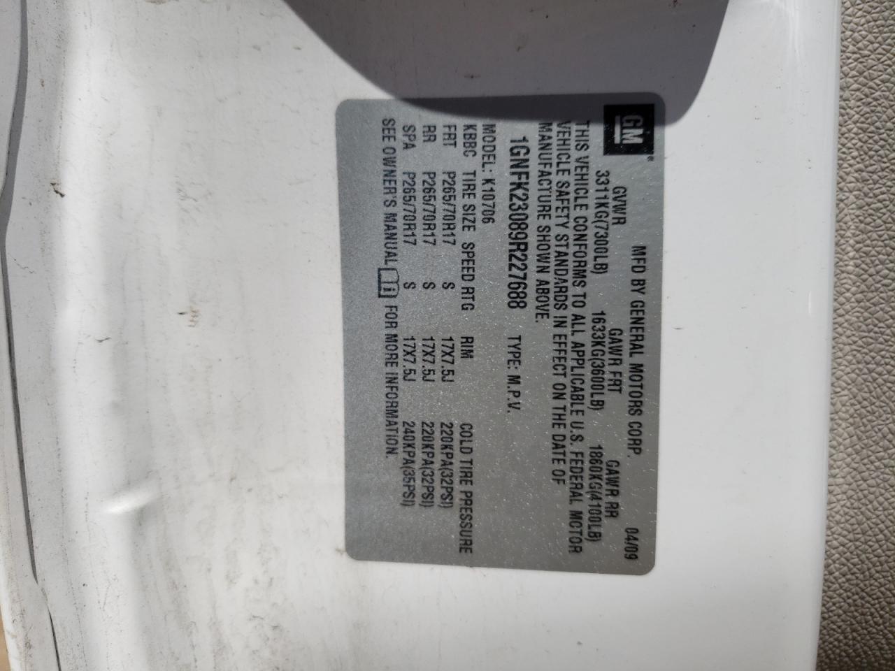 1GNFK23089R227688 2009 Chevrolet Tahoe K1500 Lt