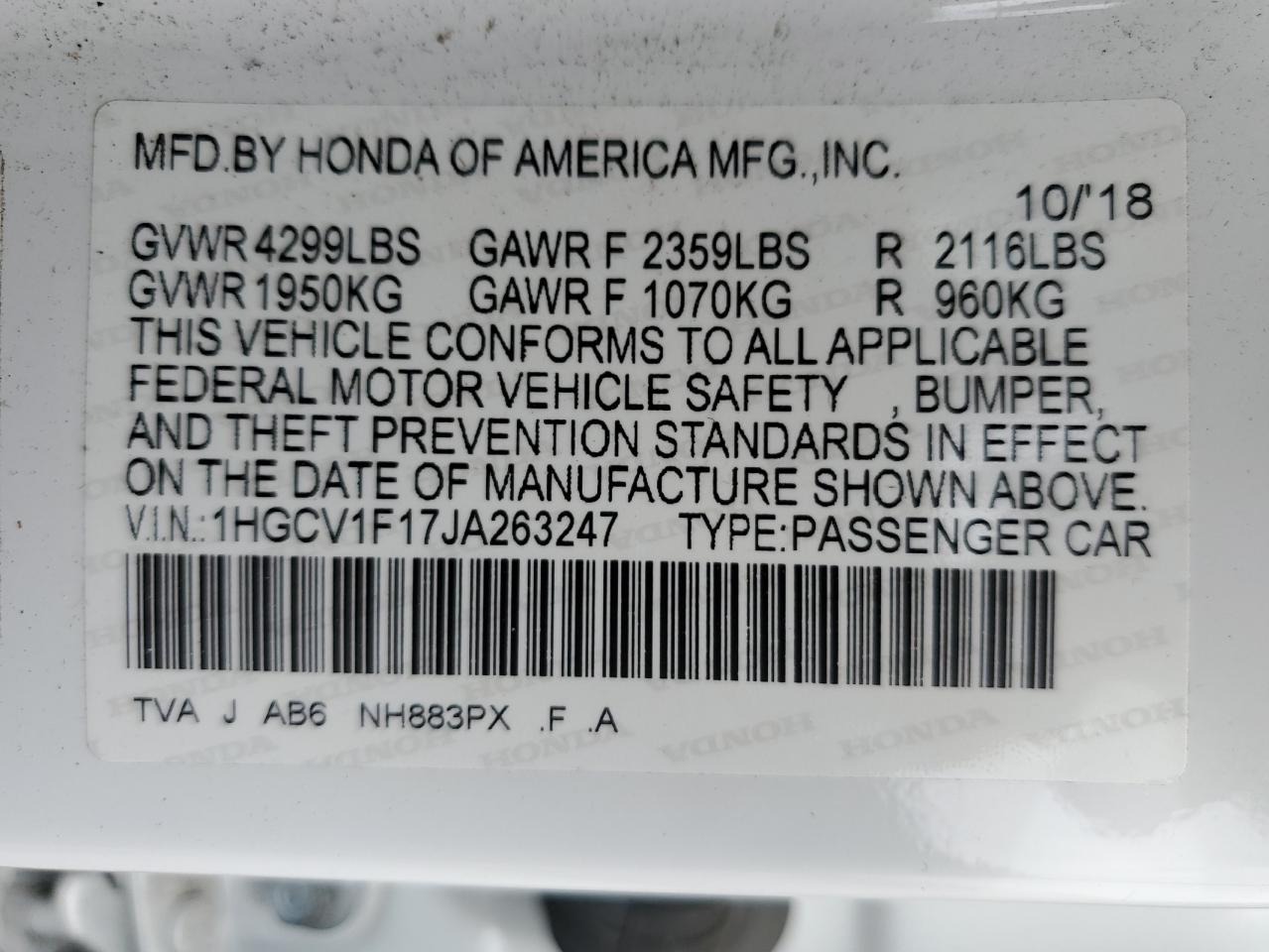 1HGCV1F17JA263247 2018 Honda Accord Lx