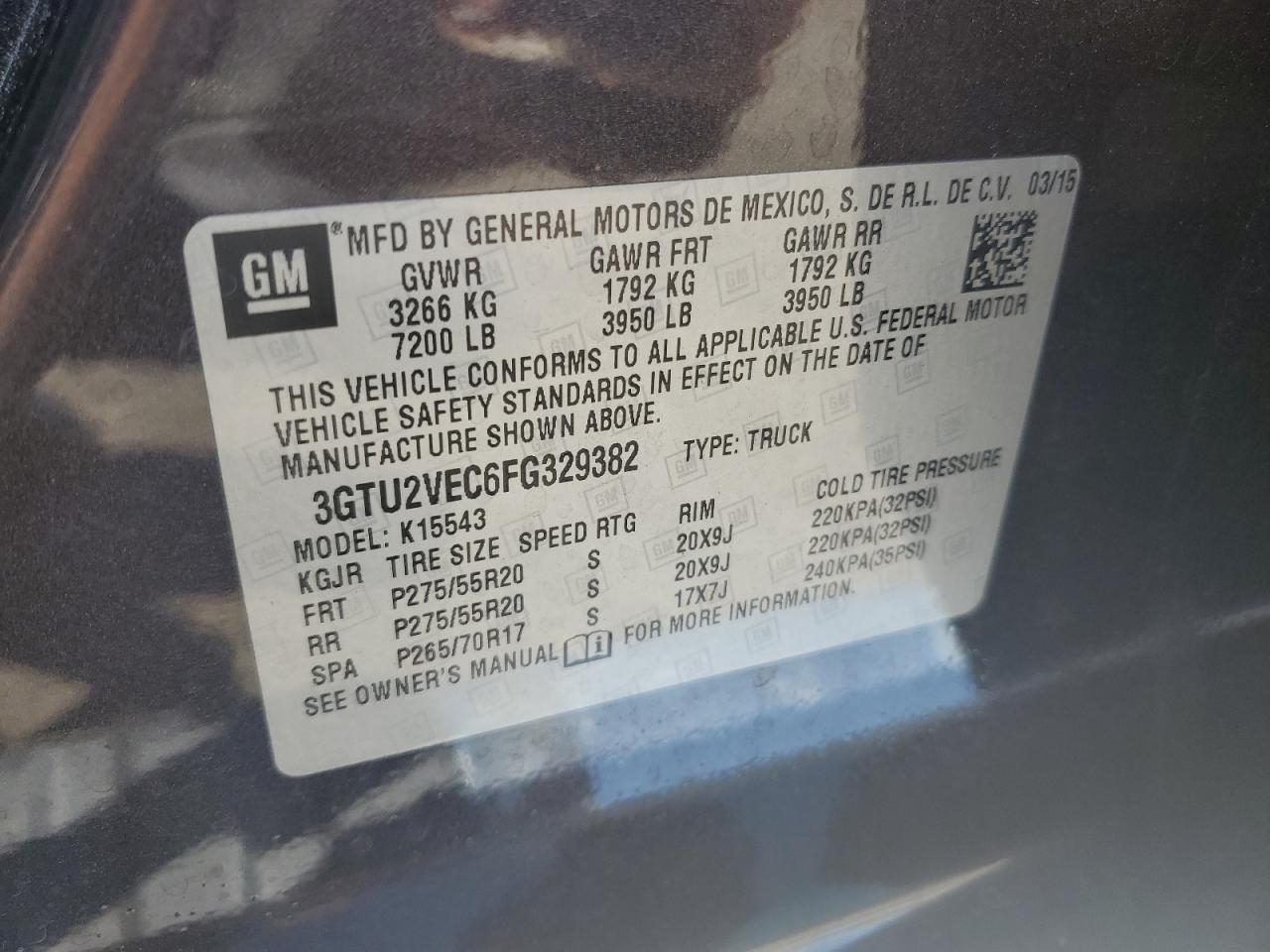 3GTU2VEC6FG329382 2015 GMC Sierra K1500 Slt