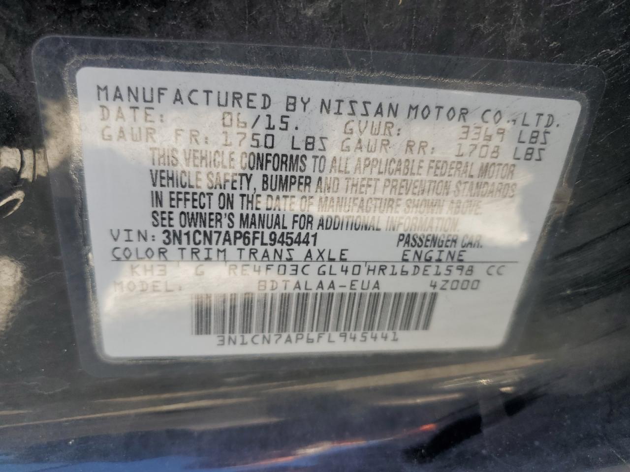3N1CN7AP6FL945441 2015 Nissan Versa S