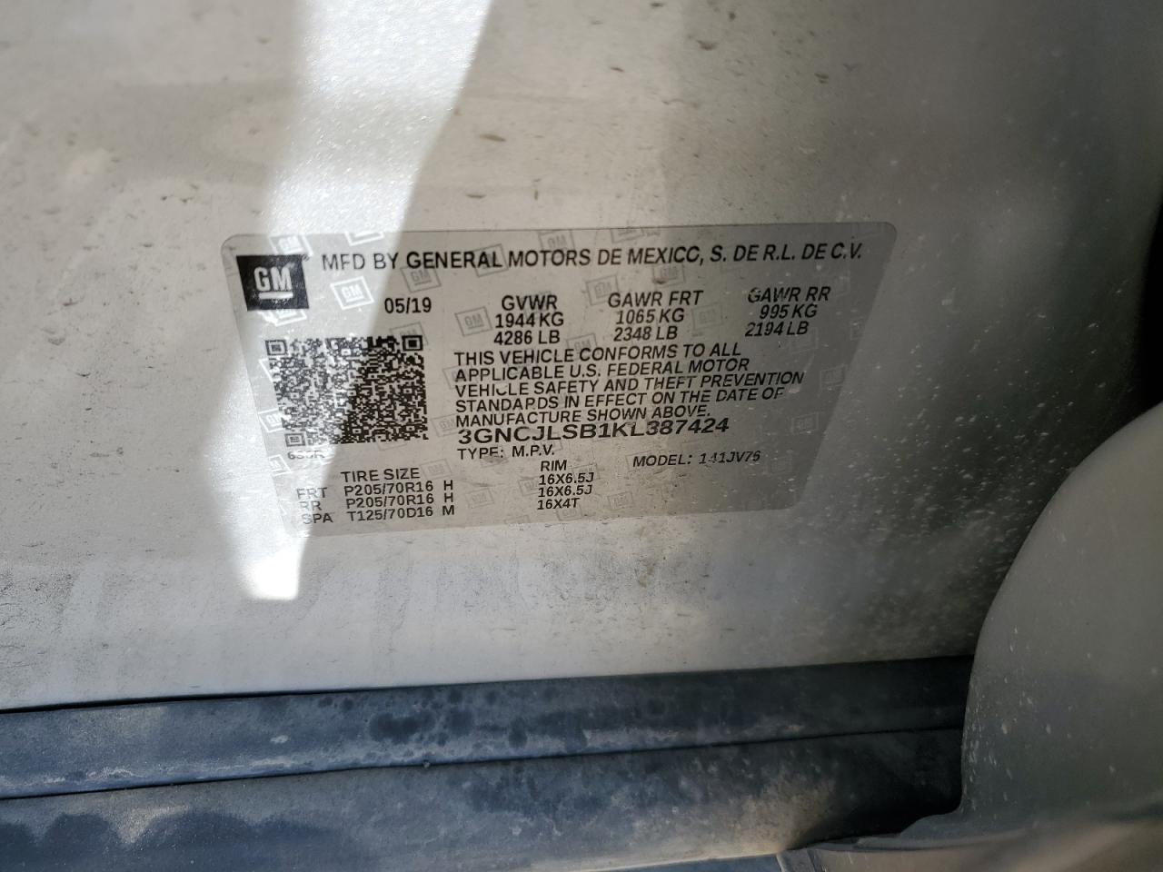 3GNCJLSB1KL387424 2019 Chevrolet Trax 1Lt