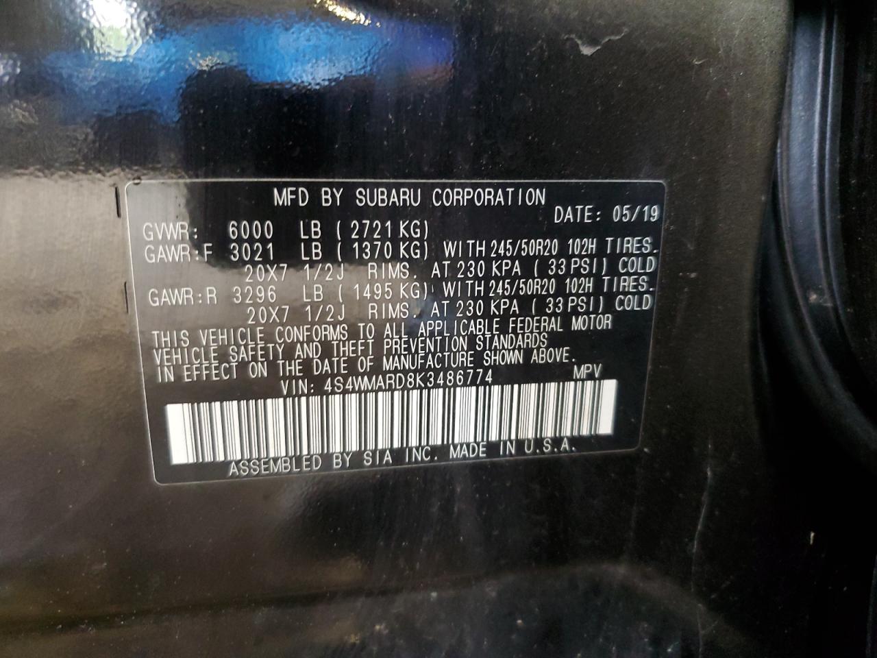 4S4WMARD8K3486774 2019 Subaru Ascent Touring