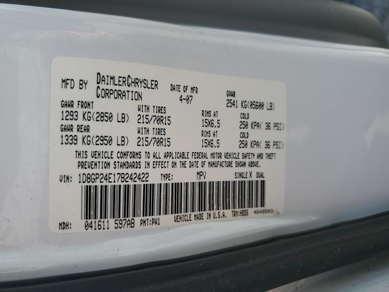 1D8GP24E17B242422 2007 Dodge Grand Caravan Se