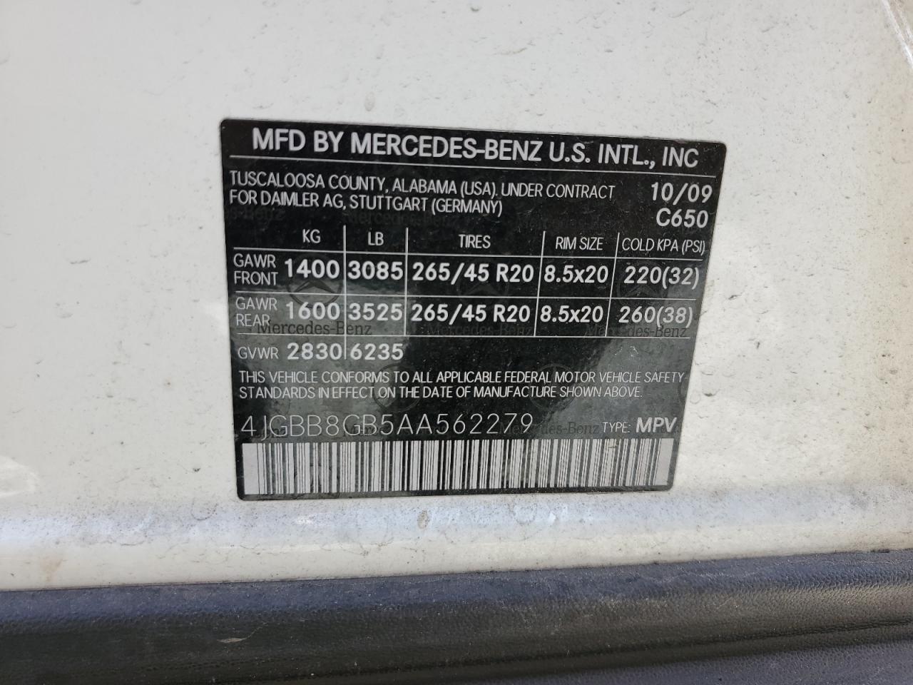 4JGBB8GB5AA562279 2010 Mercedes-Benz Ml 350 4Matic