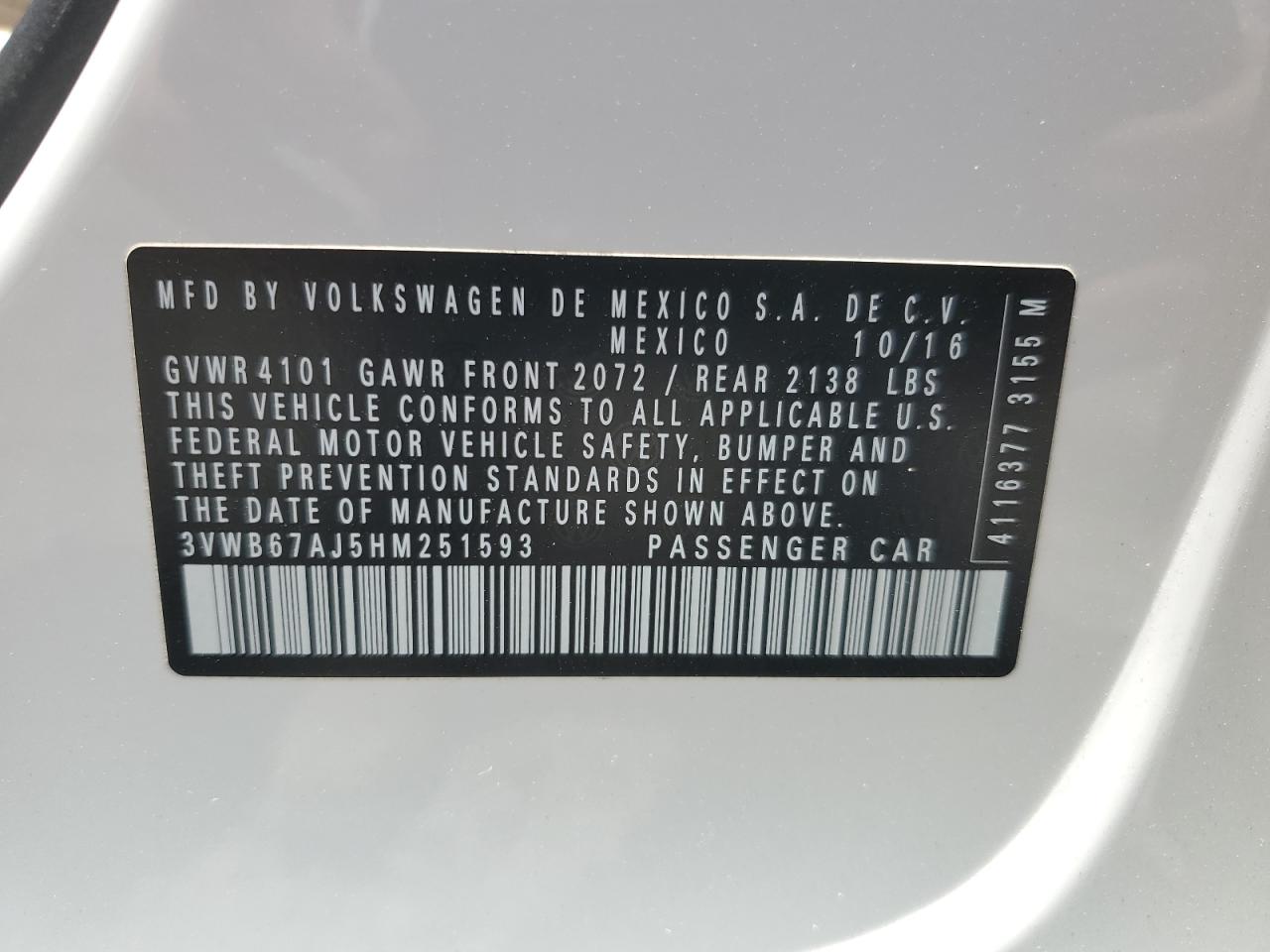 3VWB67AJ5HM251593 2017 Volkswagen Jetta Se