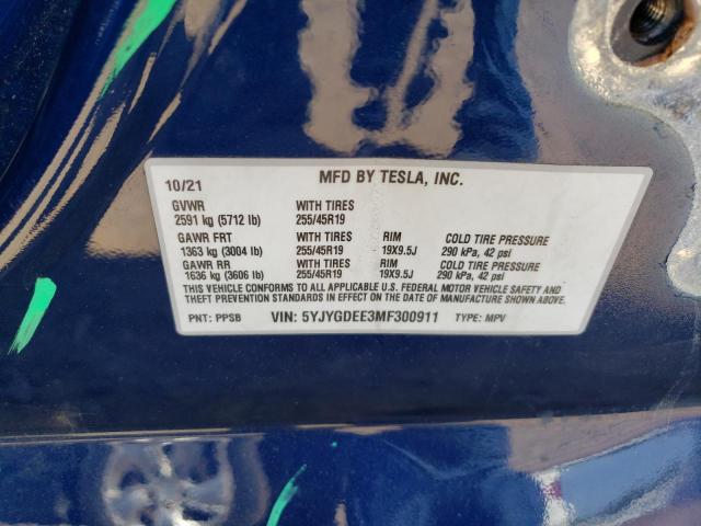 2021 Tesla Model Y VIN: 5YJYGDEE3MF300911 Lot: 55343174