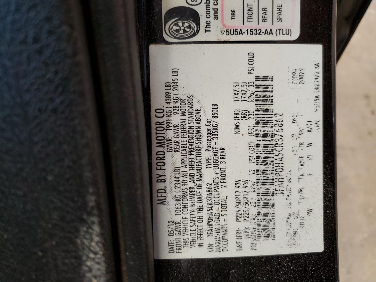 3FAHP0HA5CR376862 2012 Ford Fusion Se