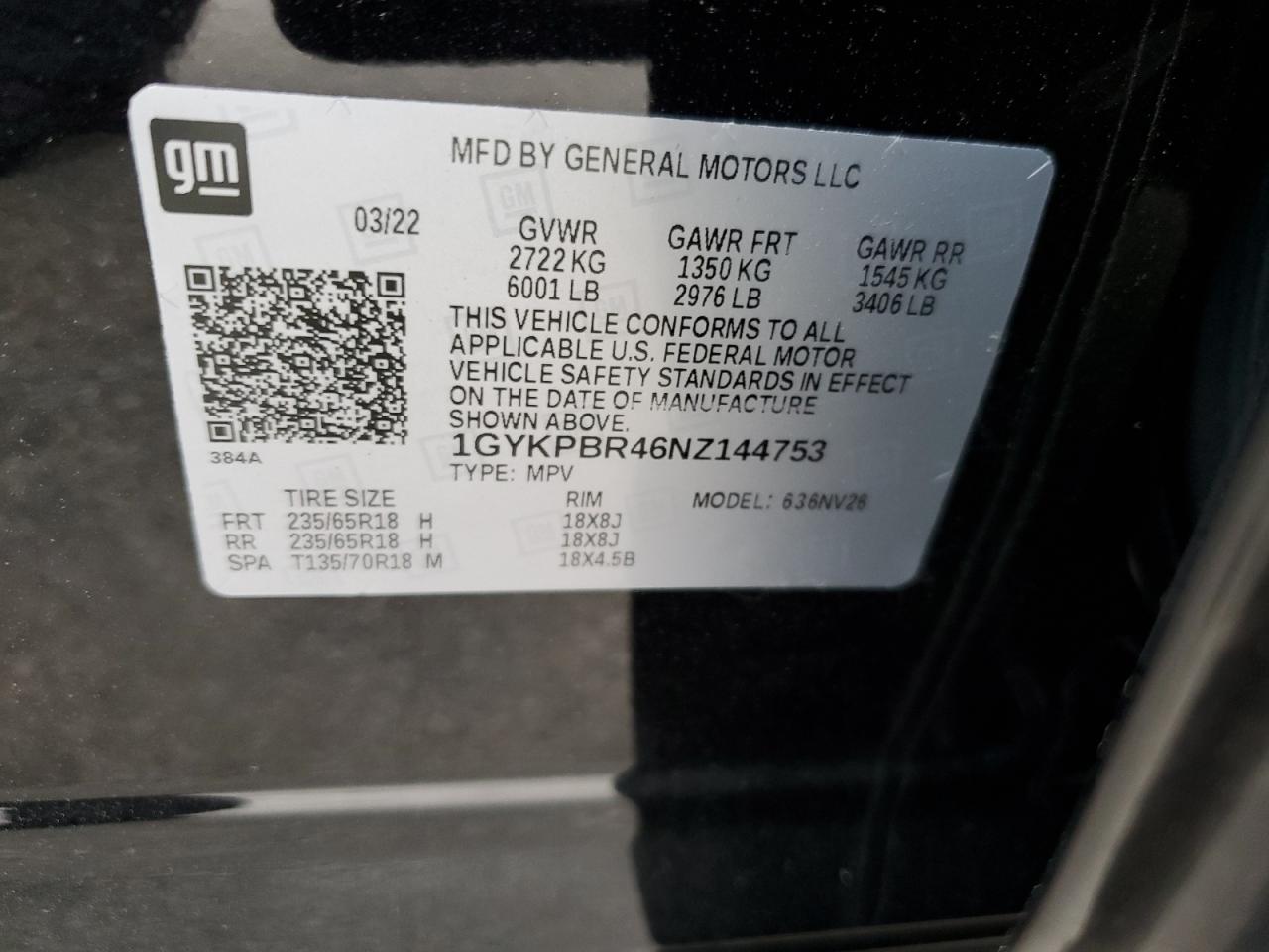 1GYKPBR46NZ144753 2022 Cadillac Xt6 Luxury