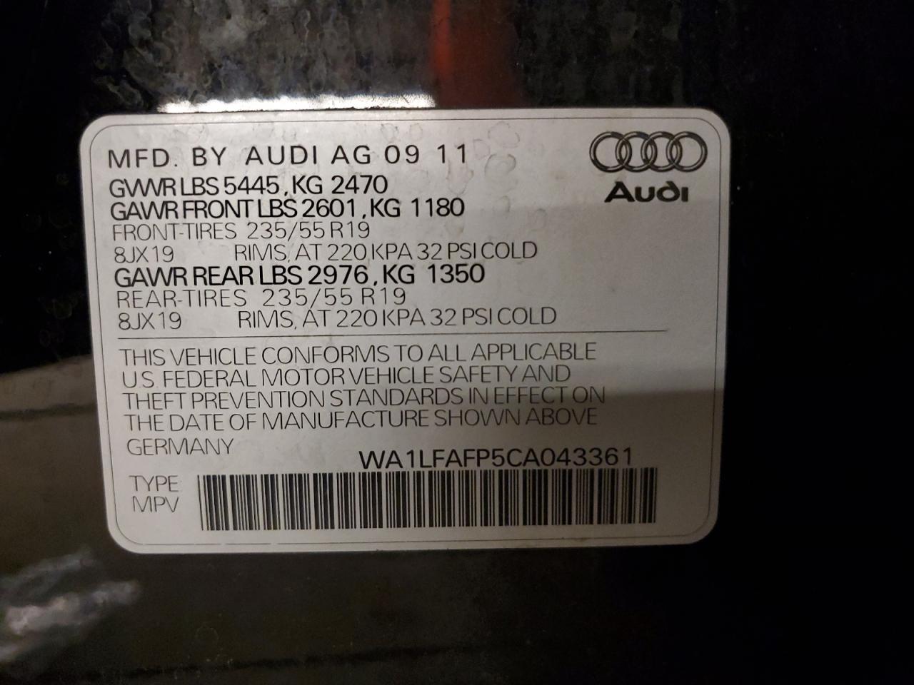 2012 Audi Q5 Premium Plus vin: WA1LFAFP5CA043361