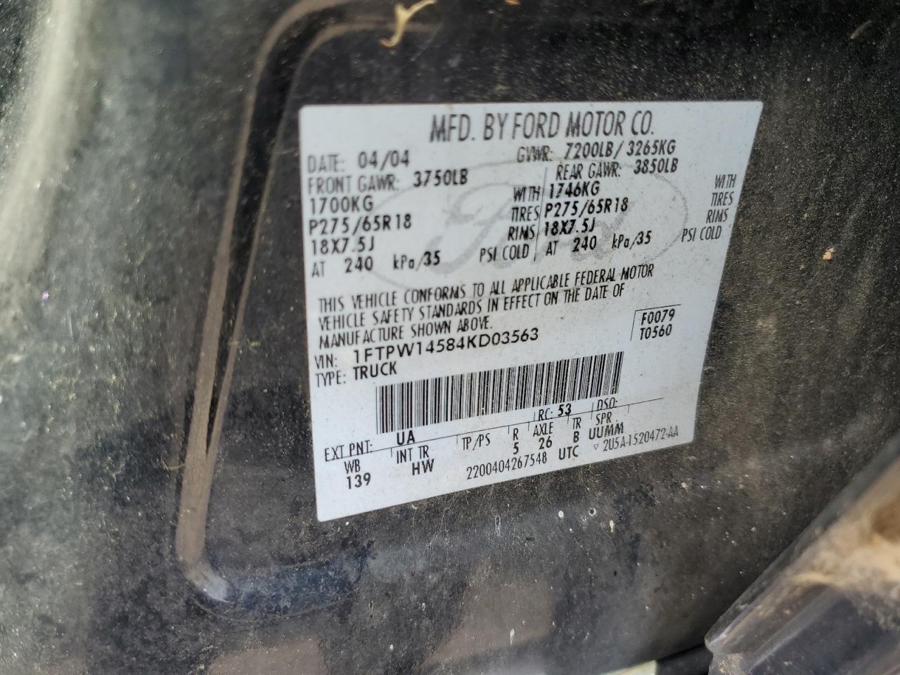 1FTPW14584KD03563 2004 Ford F150 Supercrew