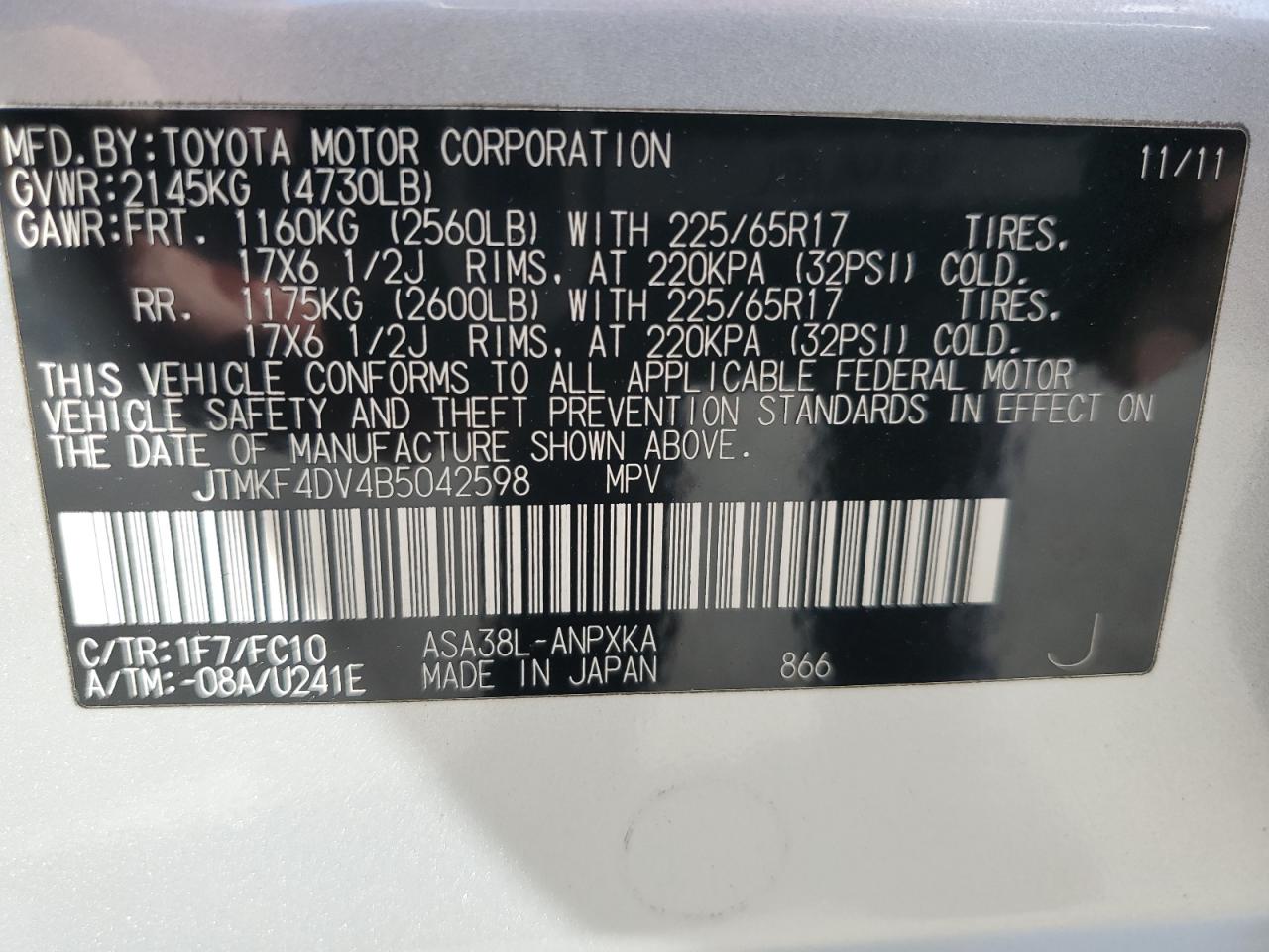 JTMKF4DV4B5042598 2011 Toyota Rav4