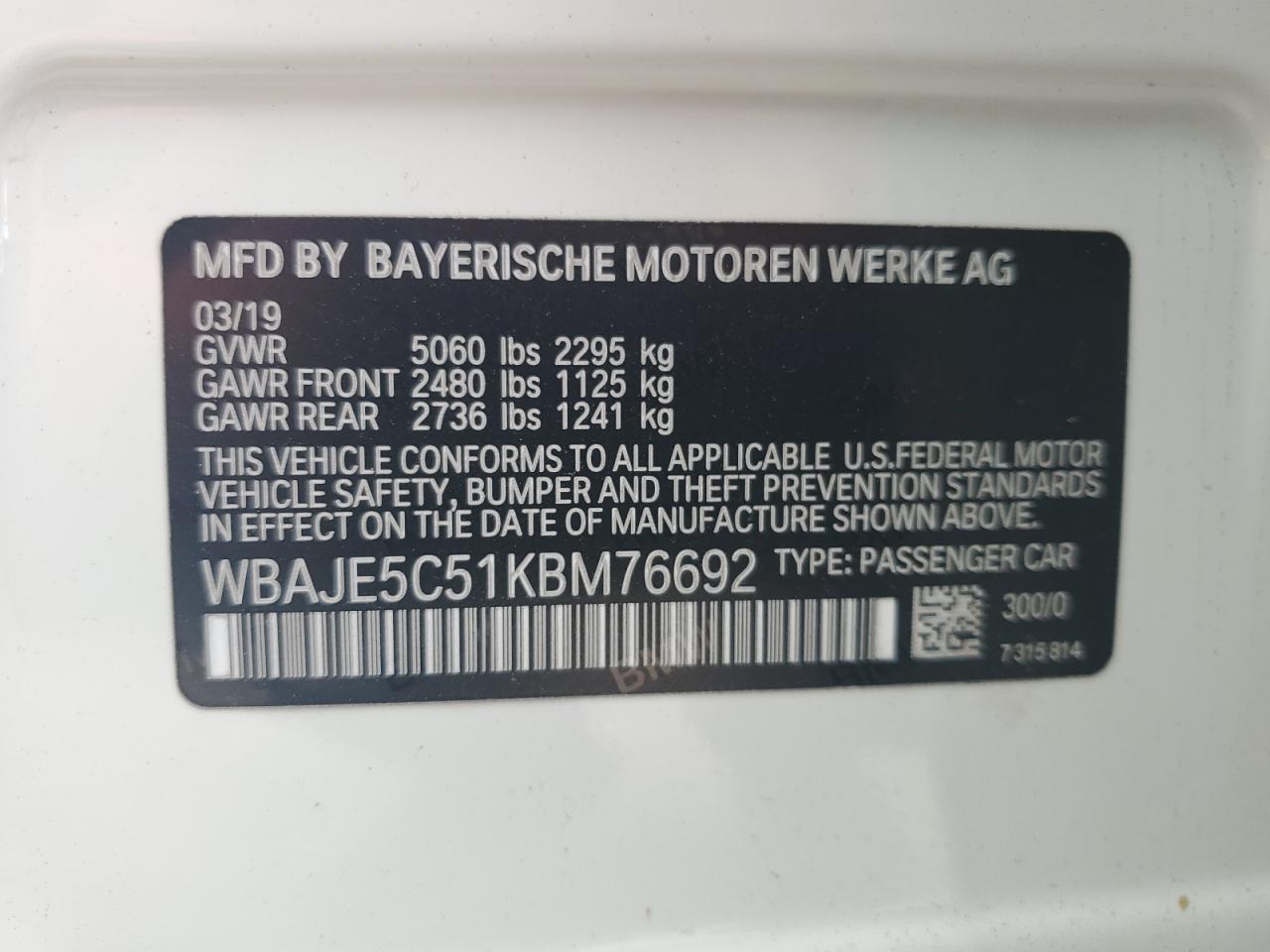 WBAJE5C51KBM76692 2019 BMW 540 I