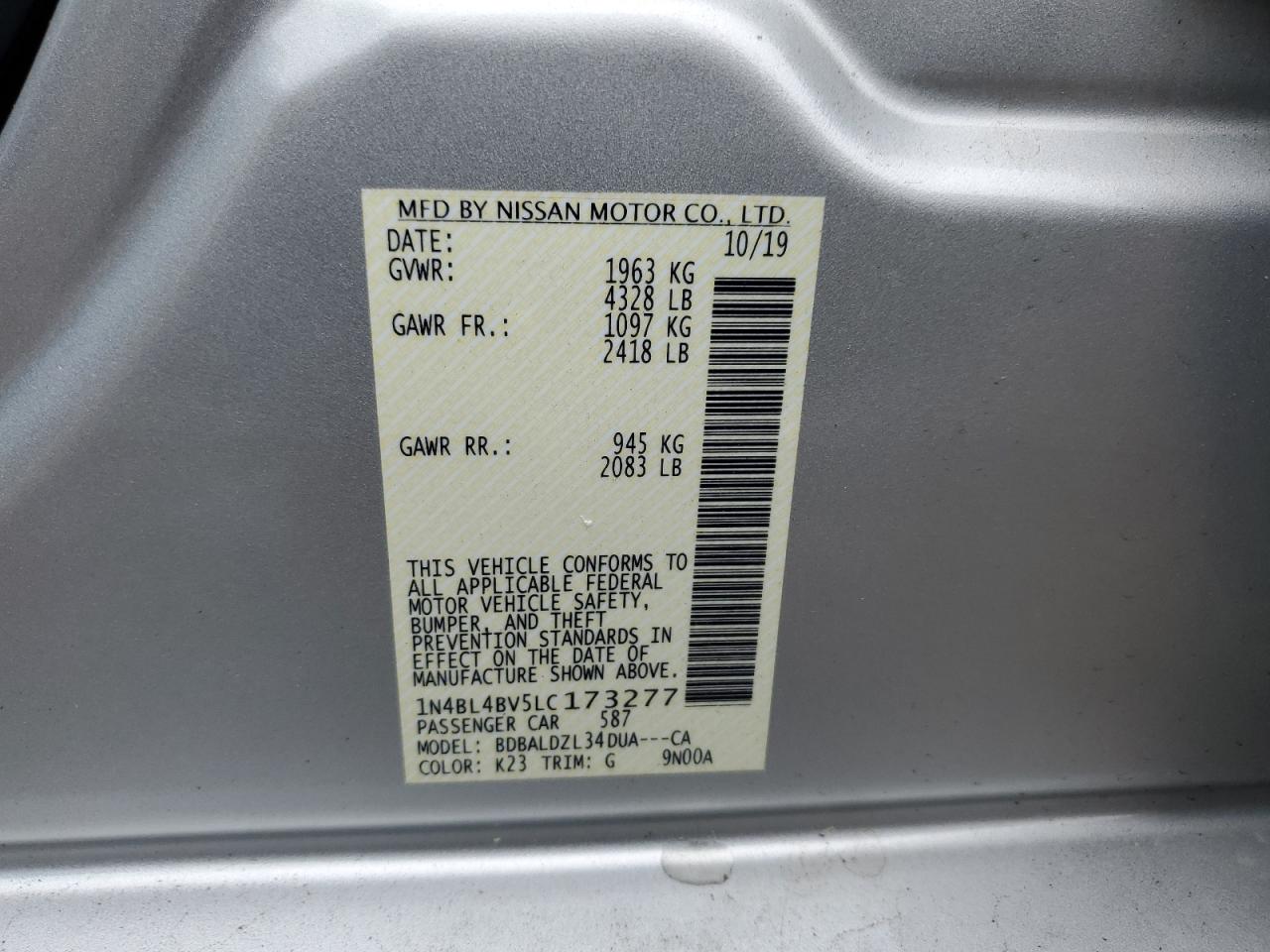 1N4BL4BV5LC173277 2020 Nissan Altima S