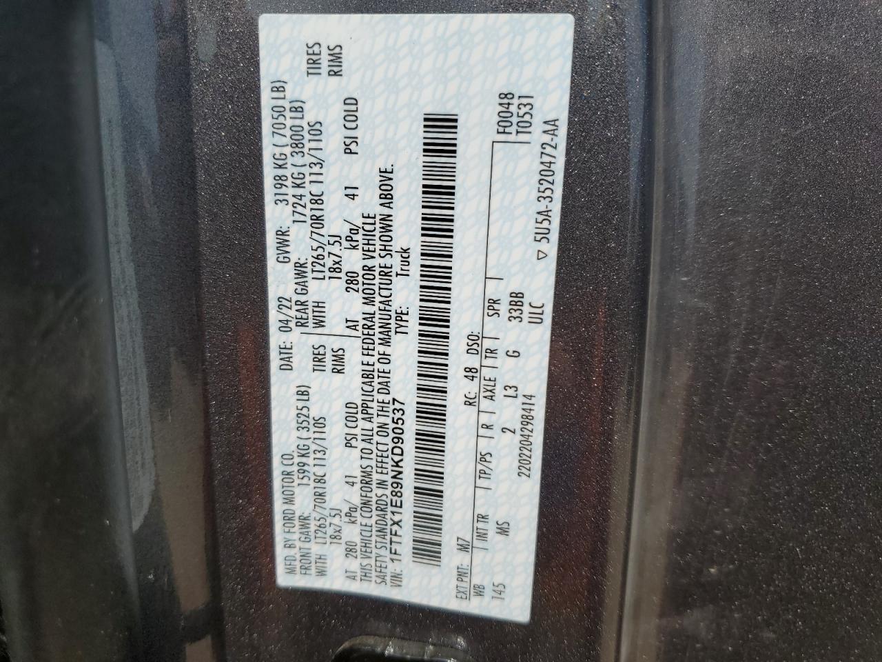 1FTFX1E89NKD90537 2022 Ford F150 Super Cab