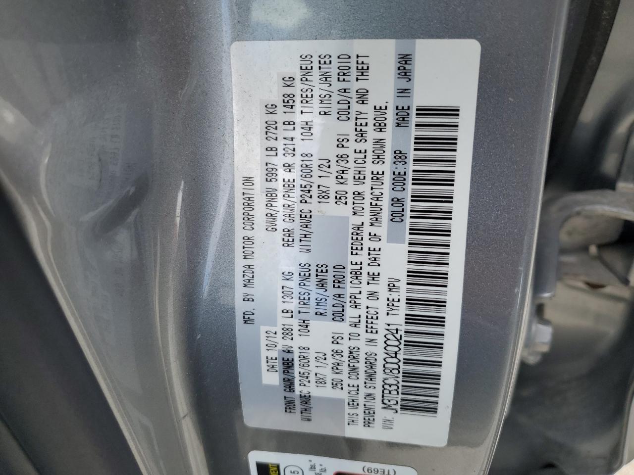 JM3TB3CV8D0400241 2013 Mazda Cx-9 Touring