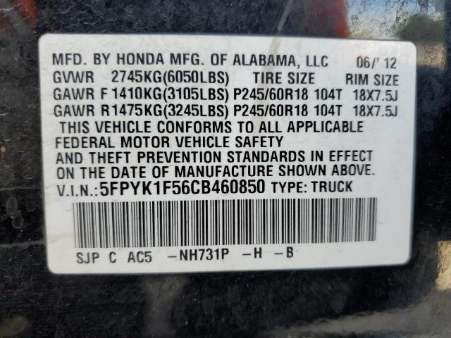 2012 Honda Ridgeline Rtl VIN: 5FPYK1F56CB460850 Lot: 56705174