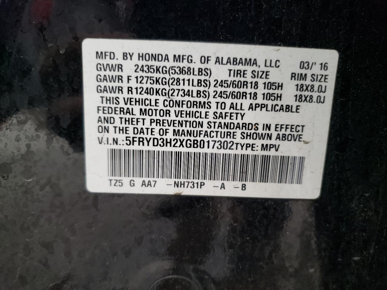 5FRYD3H2XGB017302 2016 Acura Mdx