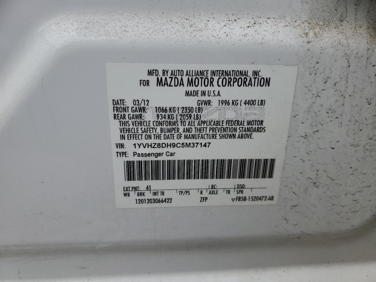 1YVHZ8DH9C5M37147 2012 Mazda 6 I