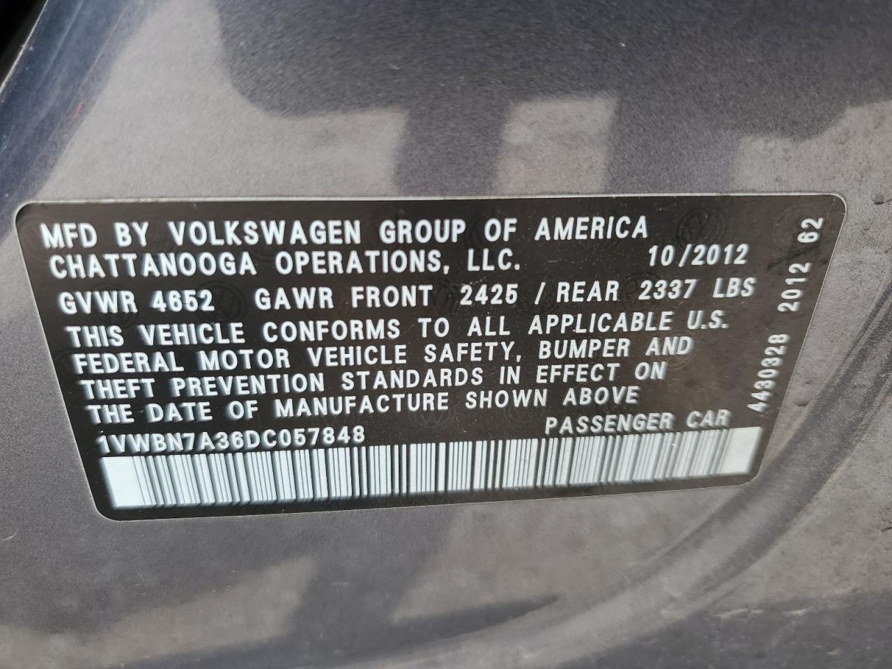 1VWBN7A36DC057848 2013 Volkswagen Passat Se