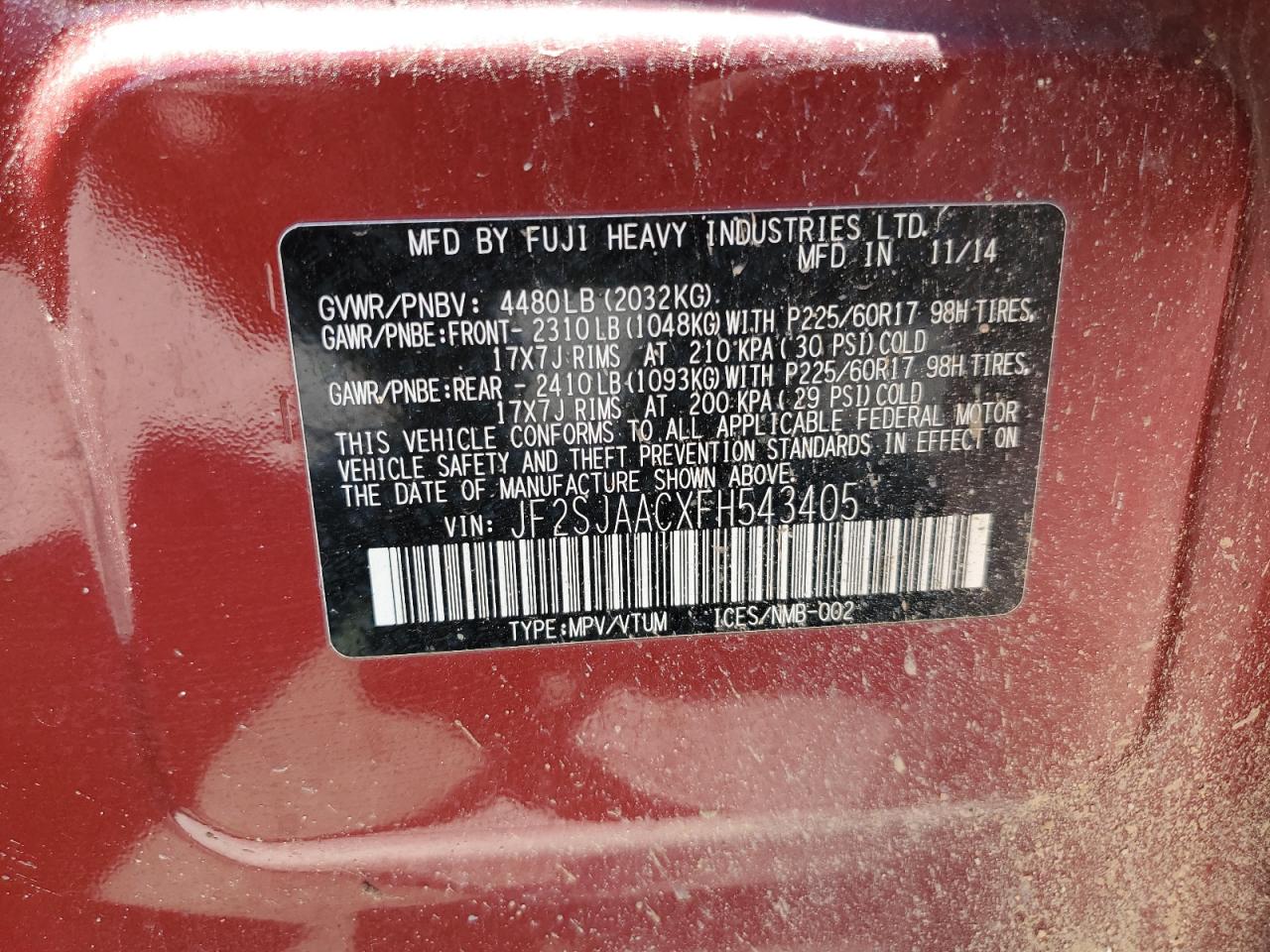 JF2SJAACXFH543405 2015 Subaru Forester 2.5I