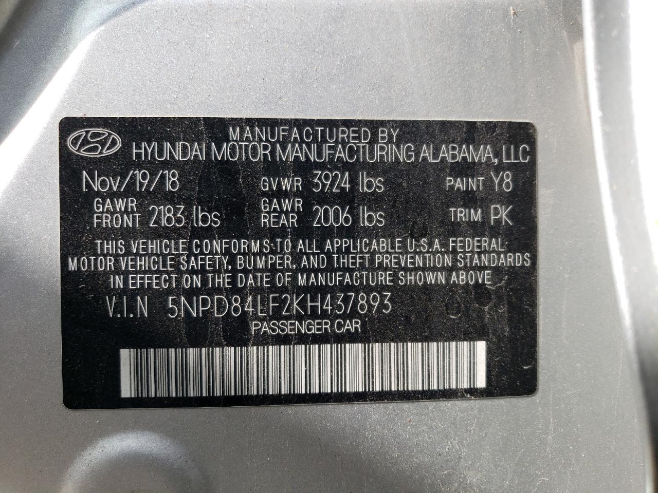 5NPD84LF2KH437893 2019 Hyundai Elantra Sel