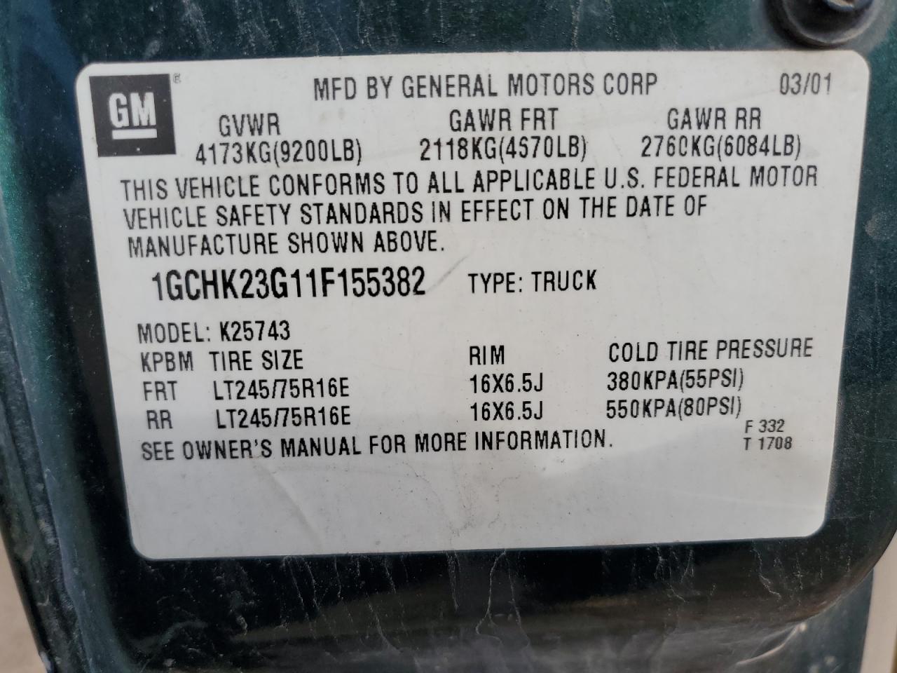 1GCHK23G11F155382 2001 Chevrolet Silverado K2500 Heavy Duty