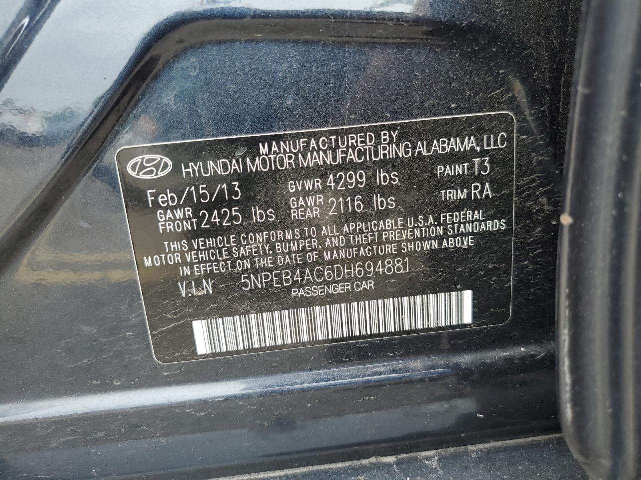 5NPEB4AC6DH694881 2013 Hyundai Sonata Gls