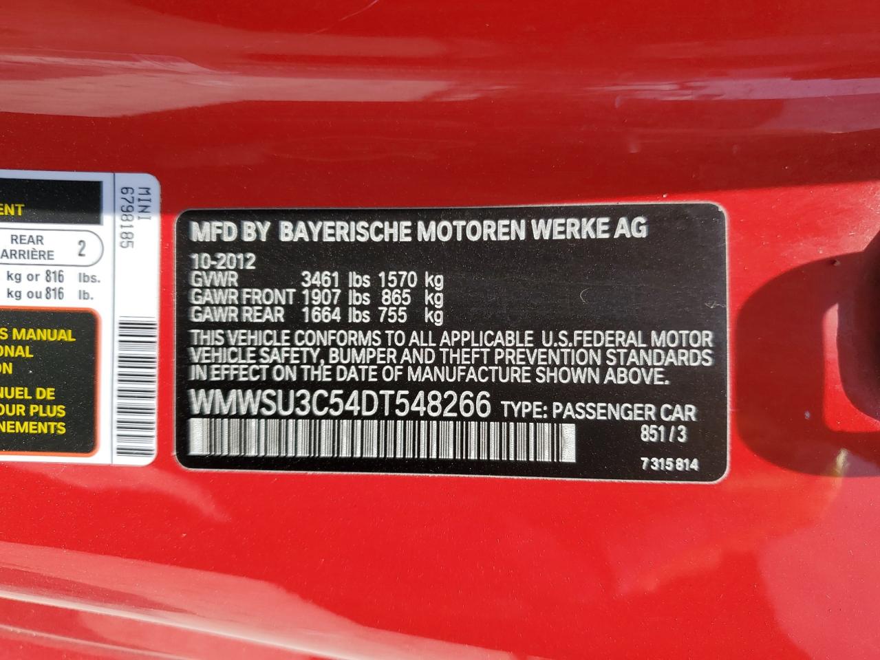 WMWSU3C54DT548266 2013 Mini Cooper